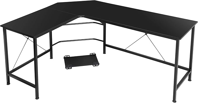 HomGarden L-Shaped Computer Desk Modern Corner Table PC Laptop Study Workstation Home Office Desk Wood Desktop Metal Frame(Black)
