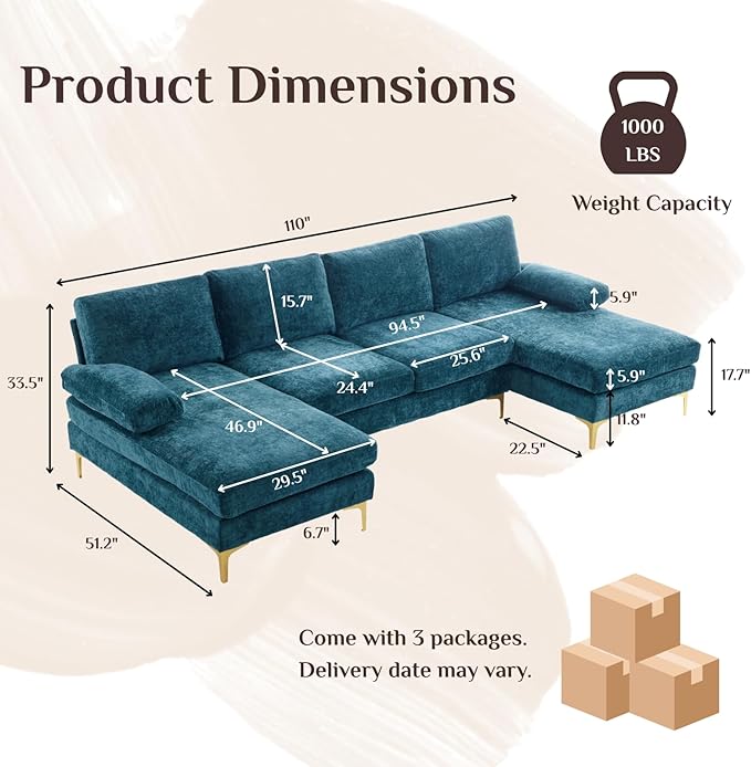 Karl home Convertible Sectional Sofa 110 U-Shape Sofa Couch 4-Seat Couch with Chaise ChenilleFabric Upholstered for Living Room Apartment Office Peacock Blue
