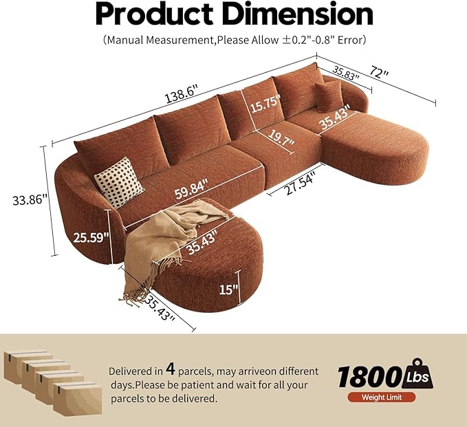 138.6 U Shaped Modern Modular Sectional Curved Back Sofa with Ottoman Minimalist Style Comfy Cloud Couch for Living Room Apartment No Assembly Required Boneless Couches (OrangeRight Facing Chaise)