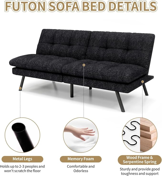 MUUEGM Convertible Futon Sofa Bed68 Memory Foam Futon CouchLinen Modern Loveseat Sleeper Couch with Adjustable Backrest &amp ArmrestDetachable Cushion for Living RoomOfficeApartmentBlack
