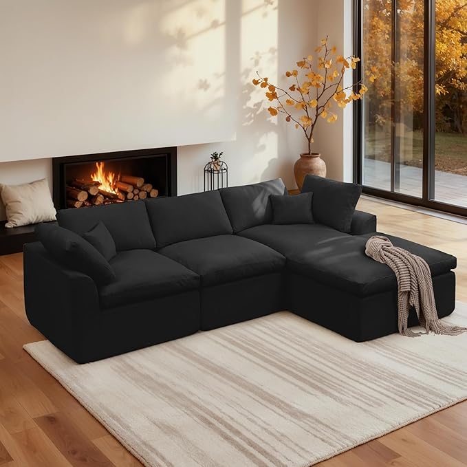 112 Cloud Sectional Couches for Living Room Modern Modular Sectional Sofa with Ottoman Boneless Cloud Couch with Comfy Deep Seats Fluffy Chenille L-Shape Sofa Couch for Living Room Black