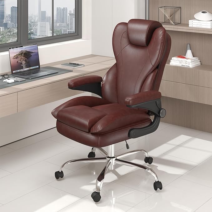 Office Desk Chair Executive Leather Office Chair High Back Ergonomic Home Desk Chair with Padded Flip-up Arms Big and Tall Computer Chair with Rocking Function 360°Swivel Free Brown