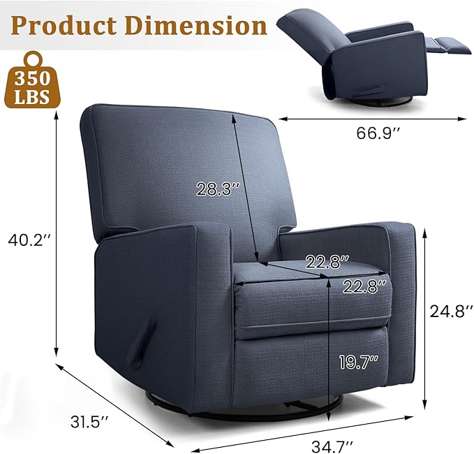 Swivel Rocker Recliner Chair for Adults High Back Fabric Recliner with Deep Seat Manual Glider for Living Room &amp Nursery Blue