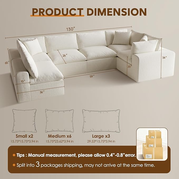 130 Oversized Boneless Cloud Couch Modular Sectional Couches for Living Room U-Shaped with Deep Seats No Assembly Required 6-Seater Washable Fabric Sleeper Sofa White