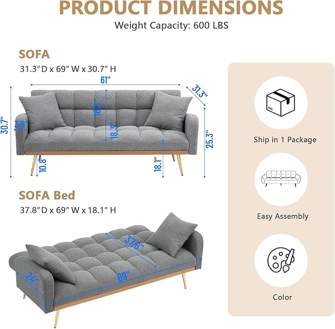 Teddy Futon Sofa Bed69 Modern Small Love Seat Couch for Small SpacesConvertible Tufted Sleeper Sofa Loveseat Couch Bed with Gold Metal Legs for Living RoomBedroomApartment (Teddy Grey)