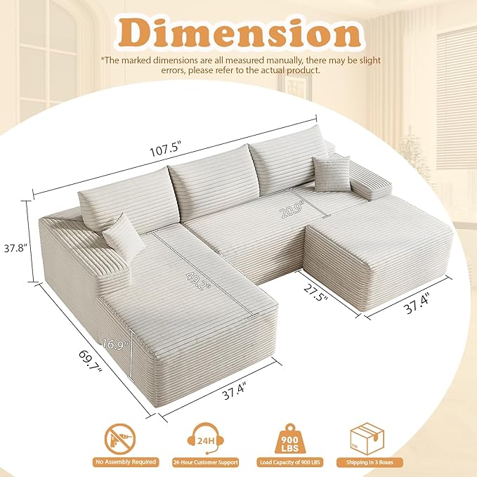108 W Corduroy Sectional Boneless Cloud Couch with Chaise &amp Ottoman No Assembly Required U Shaped Modular Sectional Sofa Cozy Fluffy Sofa for Living Room (White Left Facing Chaise+Ottoman) |