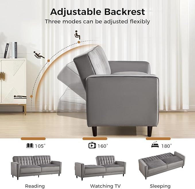 CANMOV Convertible Sofa Bed82″Fabric Futon Couch with Adjustable Backrest3 in 1 Convertible Comfy Loveseat Recliner Sleeper Sofa Bed for Living RoomGrey