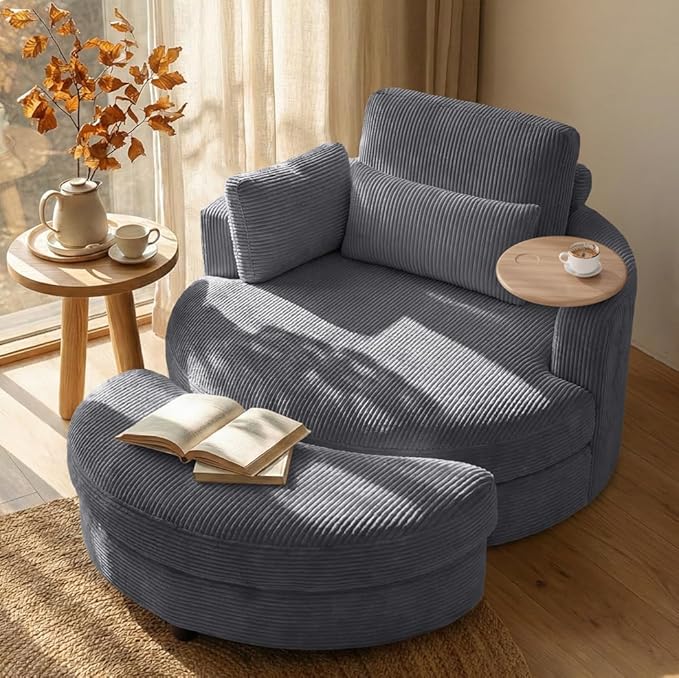 Yoglad 51” Swivel Barrel Chair with Storage Ottoman Corduroy Upholstered Accent Chair and A Half with Tray Table Oversized Chaise Lounge Round Sofa Chair for Living Room Bedroom(Grey)