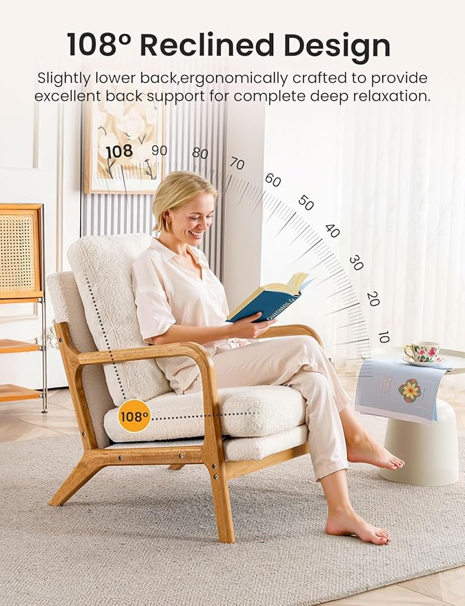 Mid Century Modern Accent Chairs for Living Room 23” Wide Comfy Chair for Bedroom Small Cozy Sherpa Reading Chairs for Adults 108° Lounge Arm Chair with Detachable Cover 5.5 Foam Cushion
