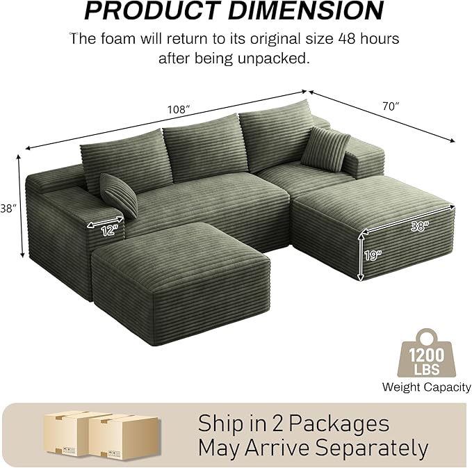 Modular Sectional Sofa Cloud Couch 108'' Comfy U Shaped Sectional Couches for Living Room Deep Seat Cozy Fluffy Corduroy Boneless Couch Sectionals Sofa with Movable Ottomanm Olive Green
