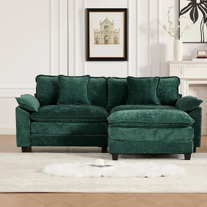 81.9 Modern Love Seat Sectional Couches for Living Room Green Chenille Comfy Cloud Sectional Couch Modular Loveseat Sofa for Living Room 1 Ottoman Sofas para Sala L Shaped Sofa (Green 2+1 Set)