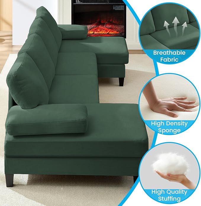 Mjkone 110 Width Sectional Couches with Chaises for Living Room U Shaped Cloud Sofa Couch with Ice Velvet Fabric Minimalist 4 Seater Sofa Set Living Room Sets Furniture for Home Office Green