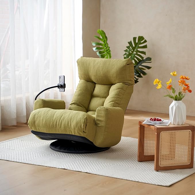 Gwen Upholstered 360° Swivel Chair Lounge Chair with Adjustable Backrest/Headrest Metal Frame Living Room Lounge Sofa and Phone Holder Comfy Bean Bag Chair Green
