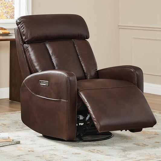 CHITA Leather Power Swivel Recliner Chair for Adults Triple Motor Electric Rocker Recliner for Living Room with Adjustable Headrest and Lumbar Support USB &amp Type-C Charging Ports Cognac Brown