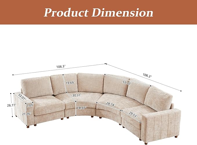 ORRD Curved Sectional Sofa Convertible L Shaped Couch with Deep Seat Boucle Modular Sectional Sofa with Pillows Curved Chenille Comfy Corner 4 Seat Couch for Living Room Beige