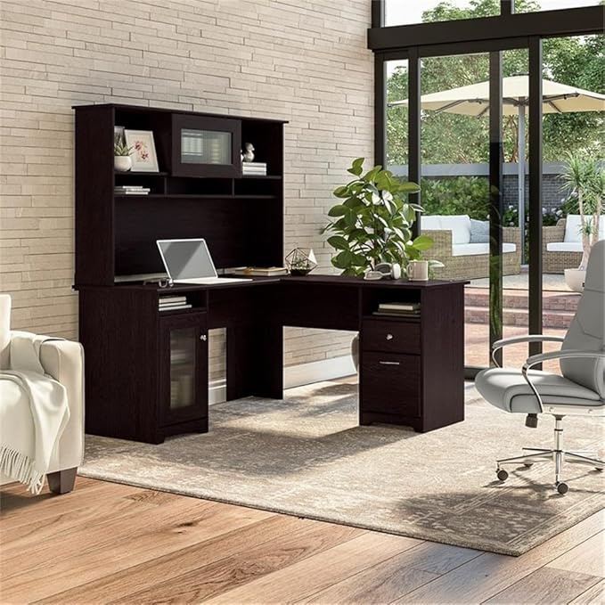 BOWERY HILL L Shaped Desk with Hutch Engineered Wood Espresso Oak Finish 60W Desktop with Wire Management Fluted Glass Door Storage Cabinet File Drawer Home Office Furniture