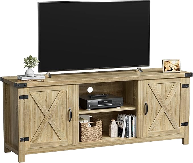 YESHOMY Modern Farmhouse TV Stand with Two Barn Doors and Storage Cabinets for Televisions up to 65+ Inch Entertainment Center Console Table Media Furniture for Living Room 58 Inch White Oak