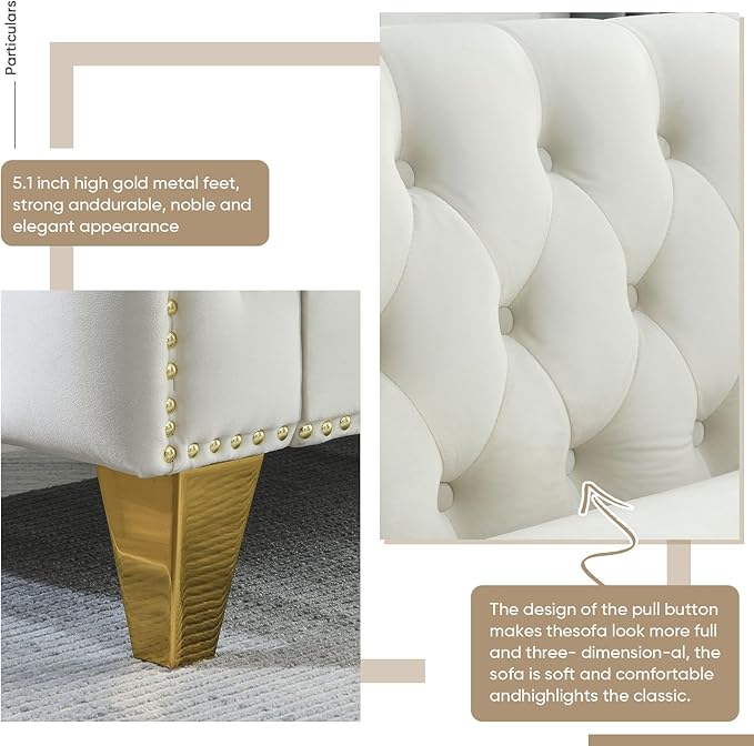 Antetek Comfy Upholstered Couches for Living Room 80-inch Modern Button Tufted 3-Seater Sofa w/Square Arm 4 Golden Metal Legs and Gold Nail Heads for Living Room Office Apartment Beige