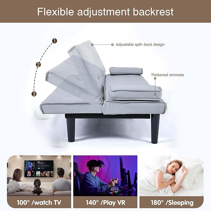 67 Futon Sofa BedConvertible Sofa Bed with 2 Cup HoldersSleeper Couch PVC Leather Removable Soft Armrest Small Couch for Living Room Apartments ﻿ (Light Gray)