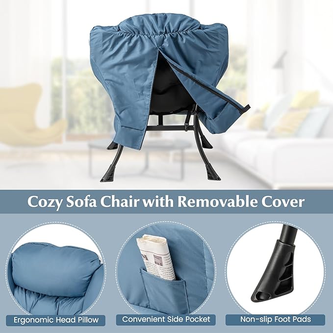 GOFLAME Lazy Chair with Ottoman Modern Large Accent Chair with Folding Footrest Head Pillow Armrests and Side Storage Pocket Upholstered Reading Chair for Living Room Bedroom Office Navy
