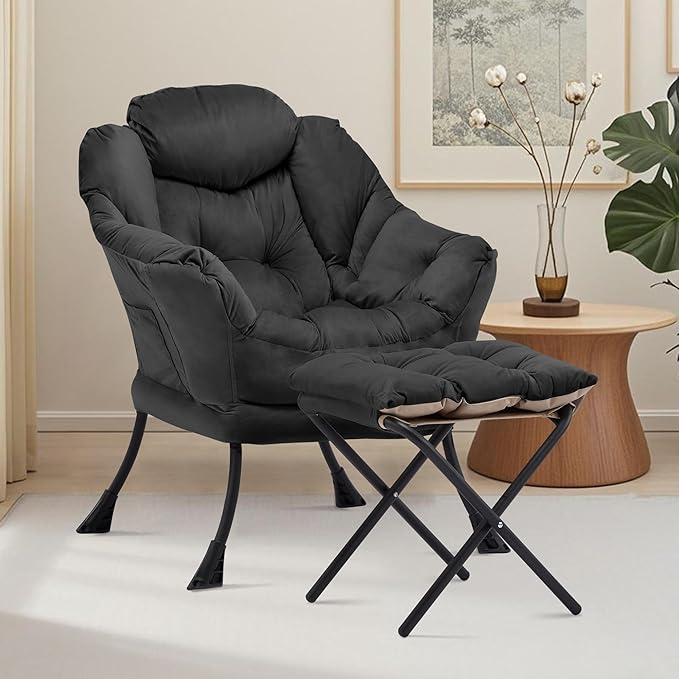 Lazy Chair with Ottoman Comfy Accent Lounge Chair with Side Pocket Modern Reading Armchair with Footrest Upholstered Sofa Chair for Small Spaces Bedroom Living Room Dorm Black