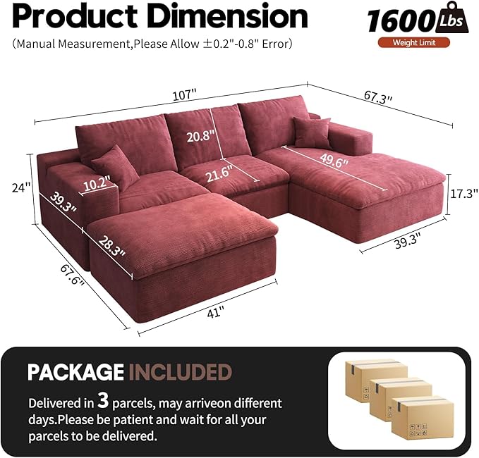 107'' U-Shaped Modern Modular Sectional Cloud Couch Whit Ottoman 4-Seat Chenille Deep-Seat Sofa with Pillow for Living Room Bedroom Apartment Wine Red