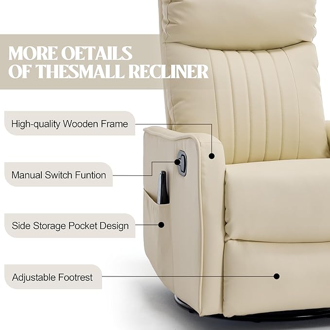 PELUMY 360 Swivel Rocking Recliner Chair for Adults Nursery Rocking Chair with Heat and Massage Glider Reclining Chair for Small Space Living Room Bedroom (Breathable Leather Creamy Beige)