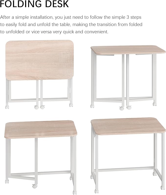 JSB Small Folding Computer Desk with Storage Bag and Hook Writing Modern Industrial Work Table Laptop for Home Office White (Natural &amp White 27.6)