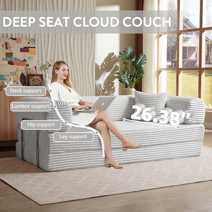 Convertible Folding Sofa BedFold Out Floor Sofa Couch with Fixed-Shape FrameCorduroy Foldable Mattress Cloud Couch for Living Room Bedroom (Light Gray 81 Inch)