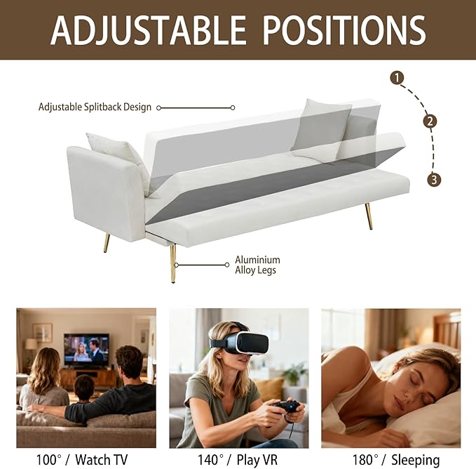 71 Velvet Futon Sofa Bed Convertible Sleeper Couch with 2 Pillows - Modern Loveseat Small Sofa 3-Angle Adjustable Backrest Golden Metal Legs for Living Room Bedroom Apartment Easy Assembly (Beige)