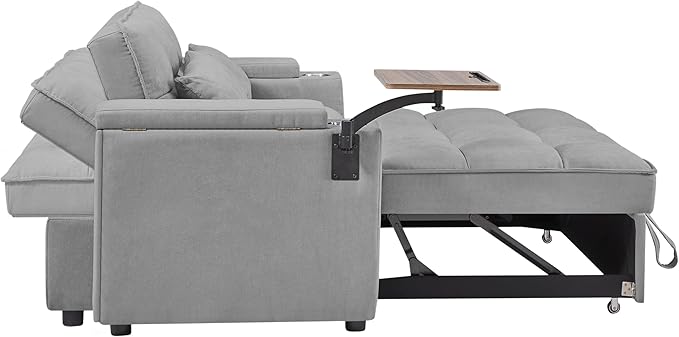 65'' Convertible Sleeper Sofa Bed with Adjustable Backrest Chaise Lounge Side Table &amp USB/Type-C Ports – Stylish &amp Functional Addition to Any Living Room (Light Grey)