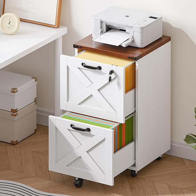 HOOBRO 2 Drawer File Cabinet with Lock Under Desk Mobile Filing Cabinet for Home Office Wooden Farmhouse Office Storage Cabinet Printer Stand Fits Letter and A4 Size Walnut and White WH66WJ01