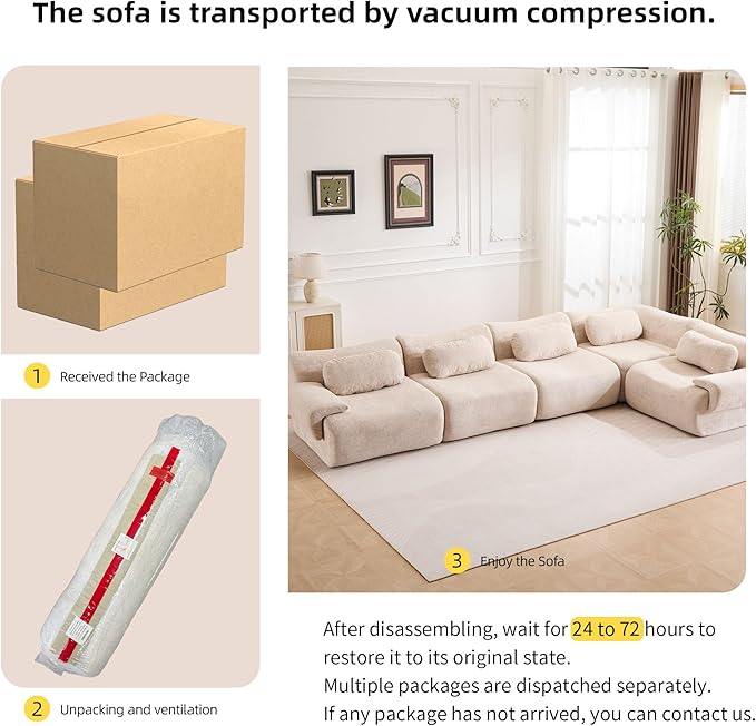 148.2 Boneless Couches for Living Room Cloud Modular Sectional Sofa in a Box Memory Foam Modern Couch Big Comfy Compressed Sofas L Shaped Couch with Corner Bedroom Apartment Beige