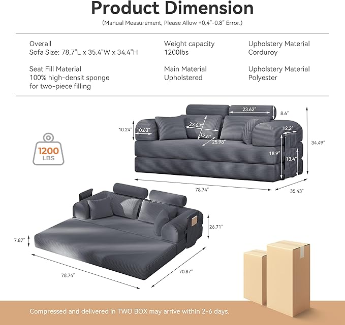2026 Upgrade Convertible Sofa Bed 79 Inch Boneless Couch with Fixed-Shape Frame Corduroy Fabric with High Backrest Floor Sofa Modular Futon Couch for Living Room Bedroom Lounge (Dark Grey) | High B