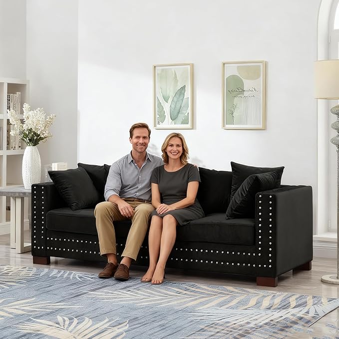84.5 Wide 3-Seater Velvet Sofa with Storage Mid Century Modern Chesterfield Couch Upholstered Love Seat with Deep Seat &amp Retro Trim Black Velvet Couch for Living Room Office Apartment (Black)