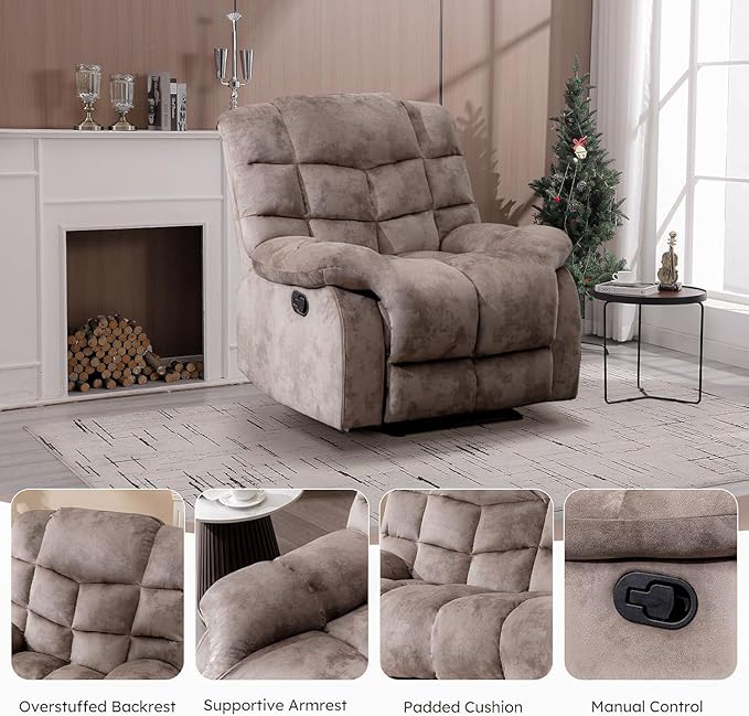 EBELLO Manual Recliner Chair Overstuffed Reclining Sofa with Soft Padded Headrest and Armrest Soft Fabric Single Couch for Living Room Light Brown