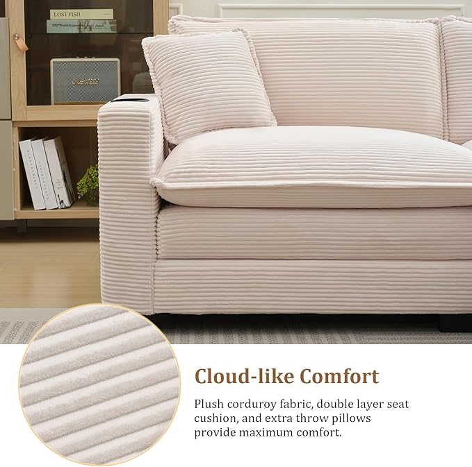 KIVENJAJA Corduroy Cloud Sectional Couch Modular Oversized Loveseat Sofa with Ottoman Cup Holders &amp USB Port Comfy 2 Seater Love Seat for Living Room Small Space 82.7”W Beige