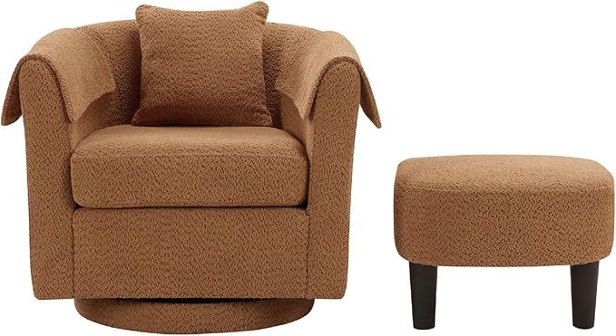 Swivel Accent Chair with Ottoman Modern Chenille Comfortable Bucket Chair with Removable Pillow Small Couch Barrel Armchair for Small Spaces Living Room Bedroom Office (Yellow)