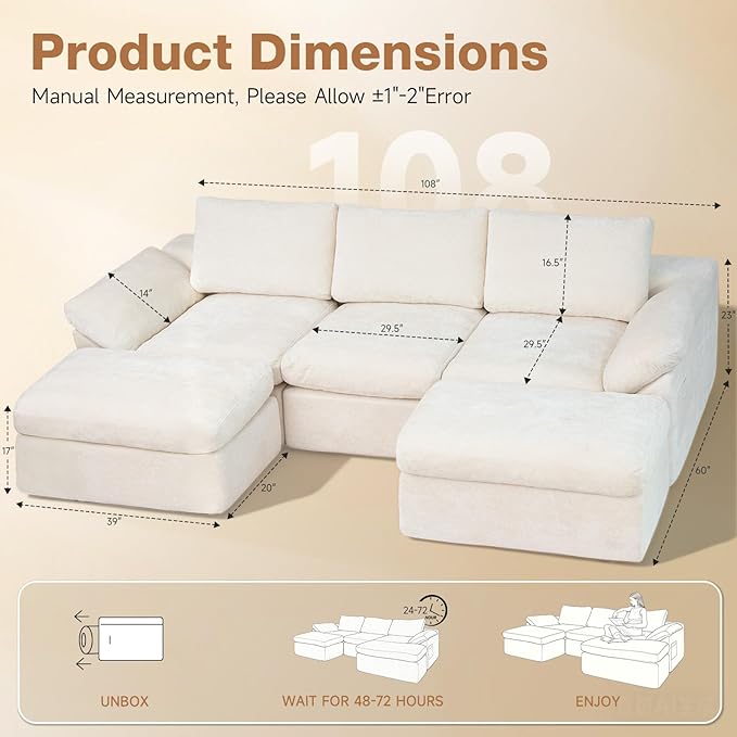 5 Seater Modular Sectional Cloud Couch 108 ”Comfort U-Shaped Boneless Couch for Living Room Deep Seat Sofa Bed with 2 Movable Ottoman High-Res ilience Sponge No Assembly Required White