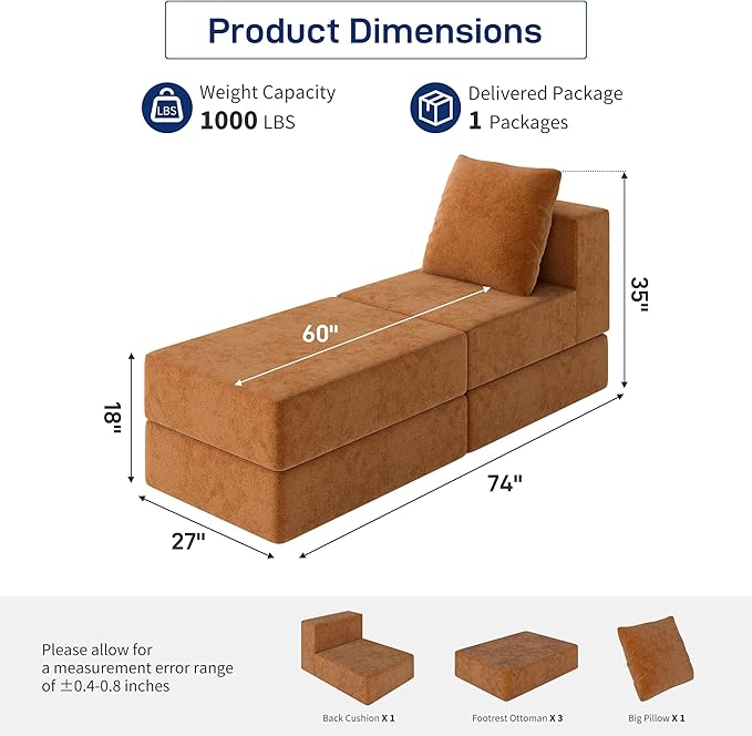 Living&ampGiving Cloud Sectional Couch for Living Room Modular Boneless Couch with 1 Ottoman Middle-seat Can Be Combined with Modular Sofa Customizable Layout for Any Space Orange