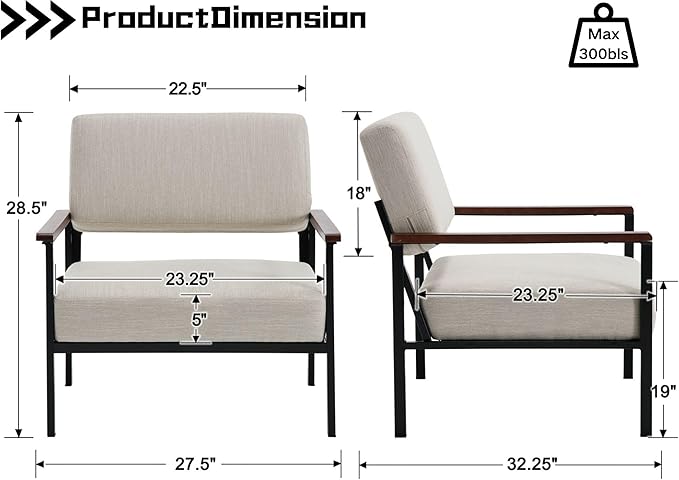Mid Century Modern Beige Accent Chair Set of 1 Comfy Armchair with Black Metal Frame Soft Linen Fabric Upholstered Armchairs Living Room Chairs Lounge Chair Reading Chair for Bedroom/Office
