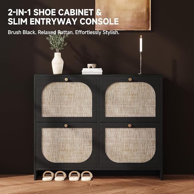 Nicetree Freestanding Arched Rattan Accent Ultra Slim Shoe Cabinet for Entryway - 4 Flip Drawers &amp 3-Tier Adjustable Shelves Farmhouse Modern Rustic Shoe Rack for Hallway Foyer Living RoomBlack