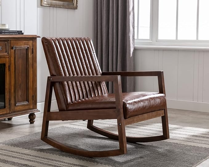 CIMOTA Leather Modern Rocking Chair Mid Century Armchair Upholstered Arm Chair with Padded Seat/Wood Frame Comfy Rocker for Living Room/Bedroom Retro Dark Brown PU