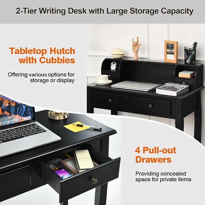 Byroce Small Writing Desk with Removable Hutch 2-Tier Vanity Table with 4 Drawers 3 Cubbies &amp Pine Wood Legs Study Computer Desk for Bedroom Home Office (Black)