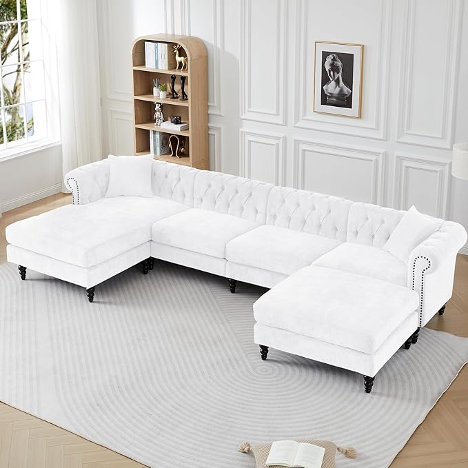 ORRD U Shaped Chesterfield Sofa Oversized Sectional Linen Couch Chaise Ottoman Sofa Upholstered Accent Tufted Couch with Rolled Armrest and Nailhead Design for Living Room Office - White
