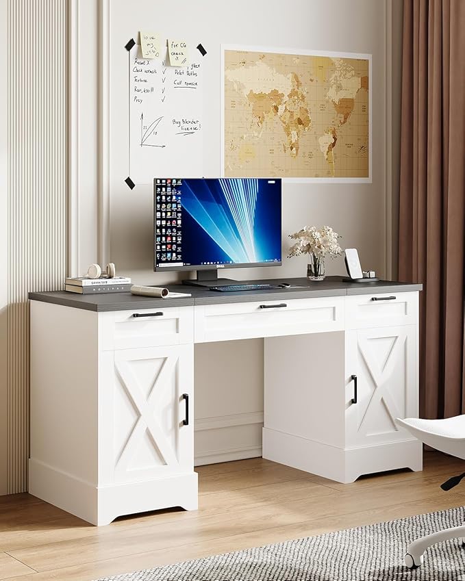 HOPUBUY Farmhouse Executive Desk with File DrawersWood Home Office Desk w/Charging StationAdjustable Storage CabinetsWhite Computer Writing Desk for WorkStudy