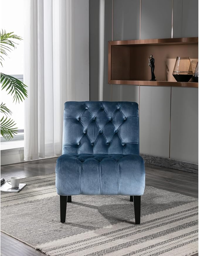 Modern Velvet Armless Accent Living Room Chair/Leisure Chair Upholstered Fabric Button Comfortable Chair with Wooden Legs for Bedroom Living Room Office (Light Blue Velvet)
