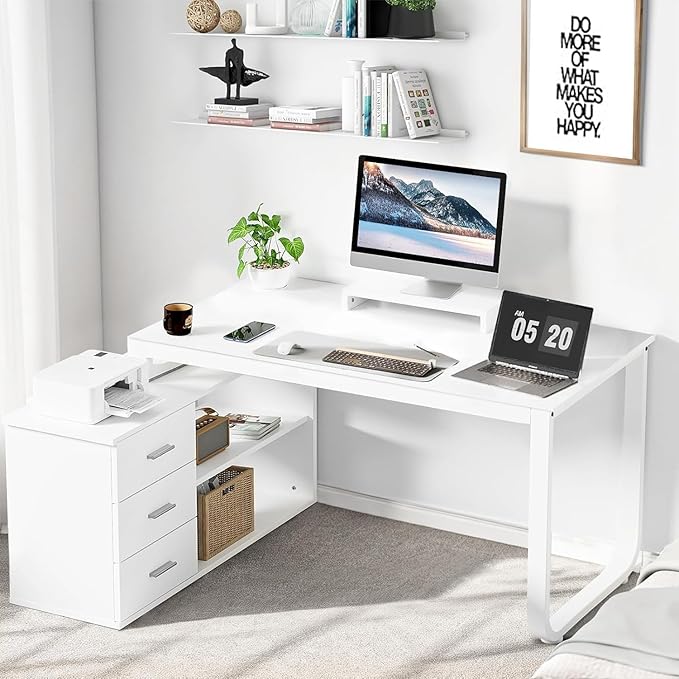 55 Inch White Desk with 3 Drawers L Shaped Desk with Storage Corner Desk with Monitor Stand and Shelves White