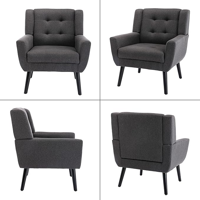 SSLine Linen Accent Arm ChairMid-Century Modern Upholstered Wingback Single Sofa Armchair Club Chair with Solid Wood Legs Thick Cushion for BedroomReadingLiving Room Chair (Dark Grey)