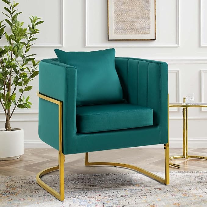 X-VOLSPORT Velvet Accent Chair Modern Barrel Arm Chair for Living Room/Bedroom/Guest Reception Upholstered Club Armchair with Pillow &amp Gold Base Green